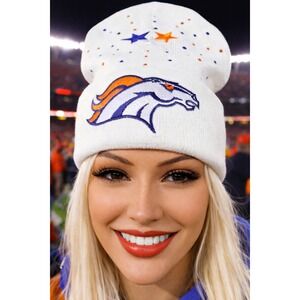 Denver Broncos White Beanie design with Logo, Blue & Orange Stars & Rhinestones